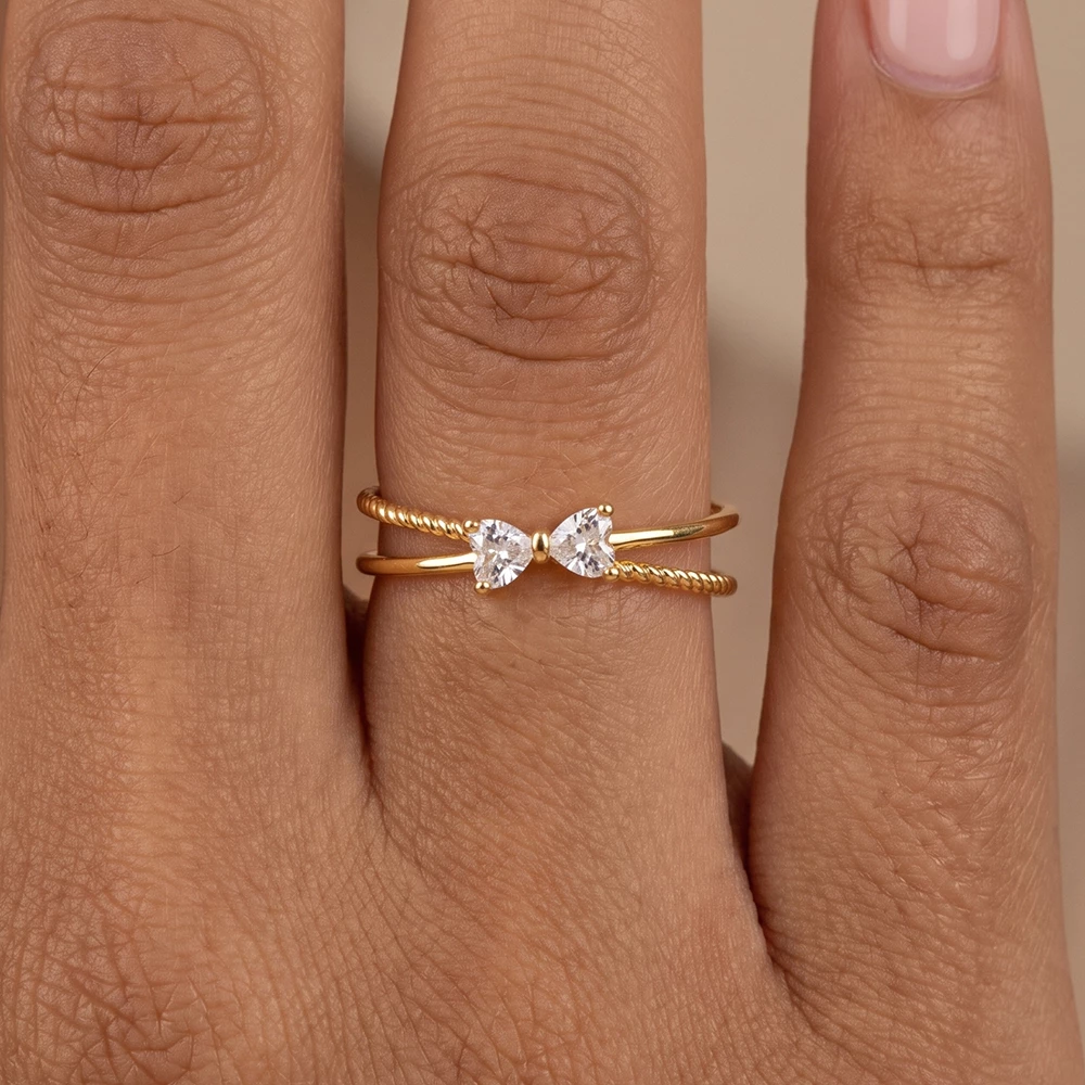 Double Band Heart Cz Bow Open Ring