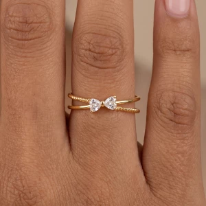Double Band Heart Cz Bow Open Ring