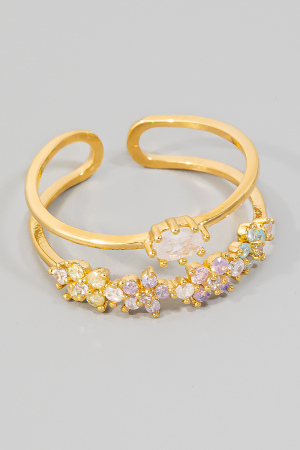 Colorful Cubic Zirconia Flowers Layered Open Band Ring