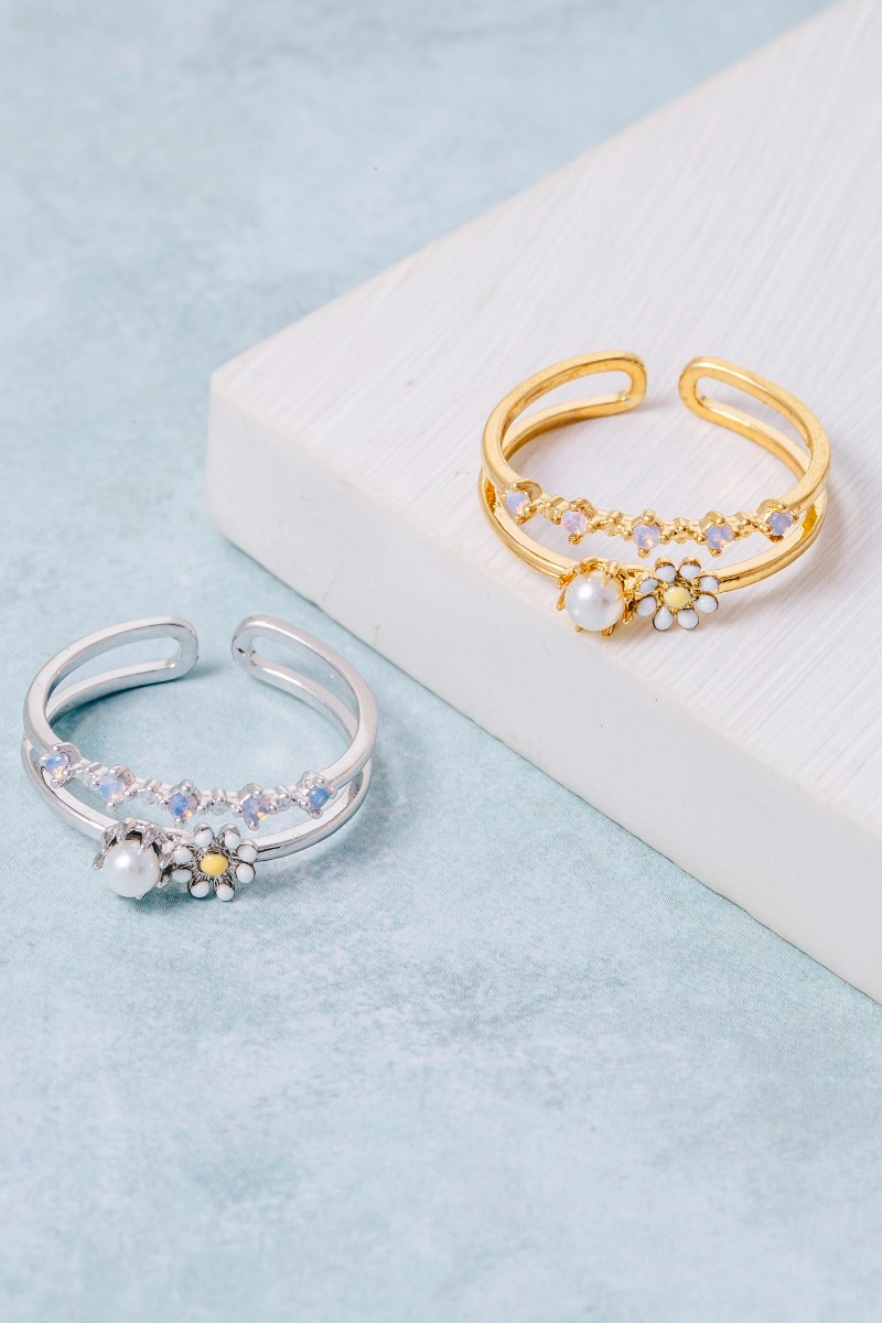 Double Band Opal Flower Ring