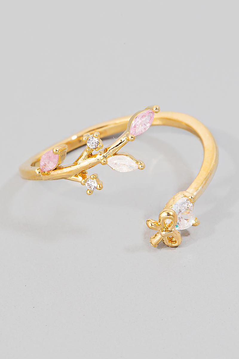 Cubic Zirconia Leaves Ribbon Bow Open Band Ring