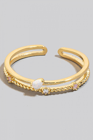 Opal Tear And Cz Stud Layered Open Band Ring