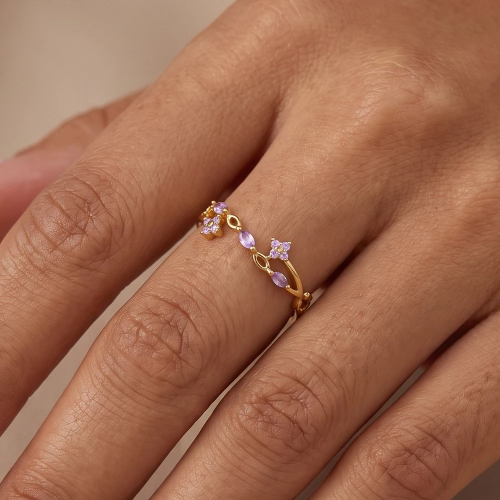 Cz Flower Vine Open Double Band Ring