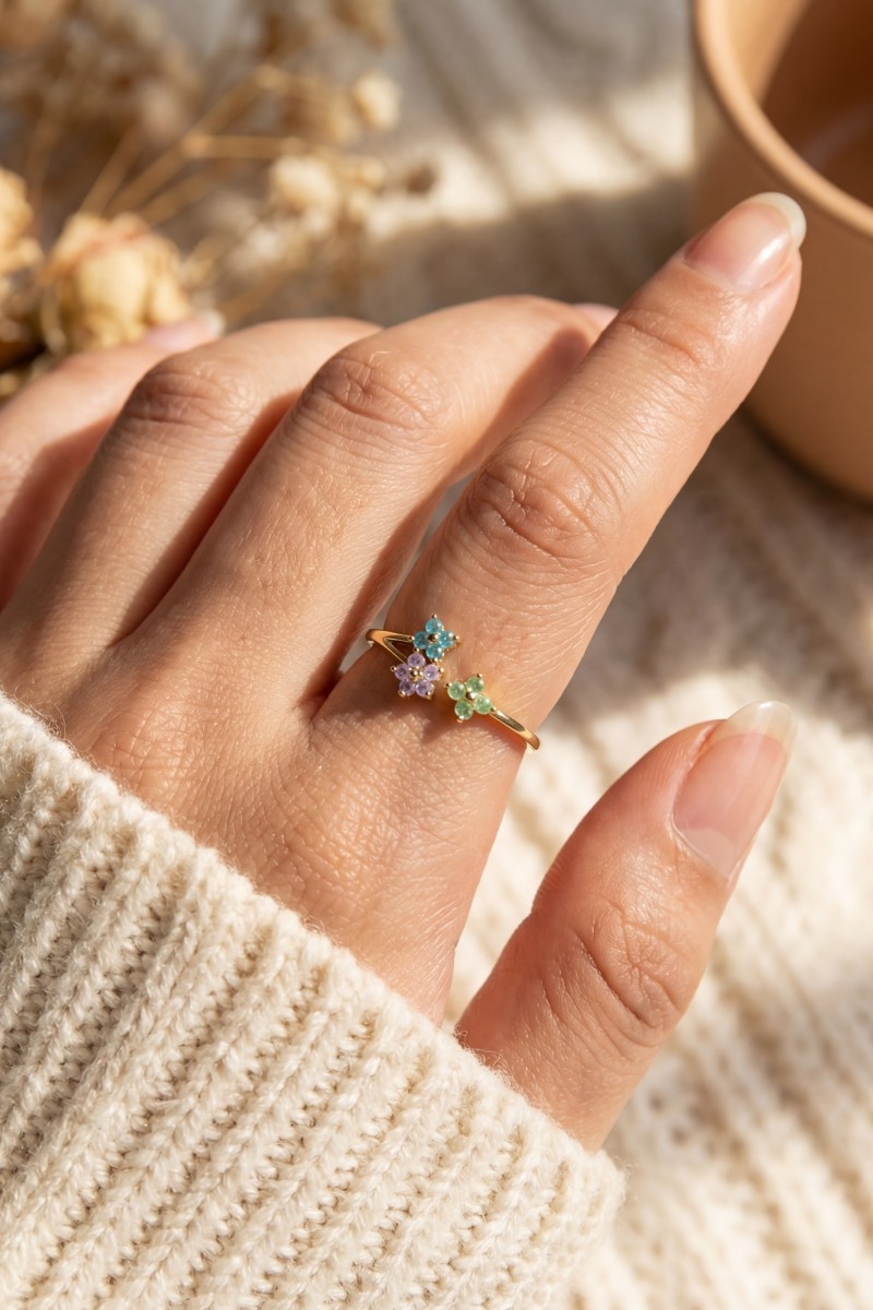Triple Mini Cz Flowers Open Band Ring