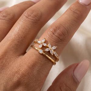 Double Cz Flowers Layered Open Band Ring
