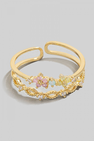 Cz Flowers And Studs Layered Open Band Ring