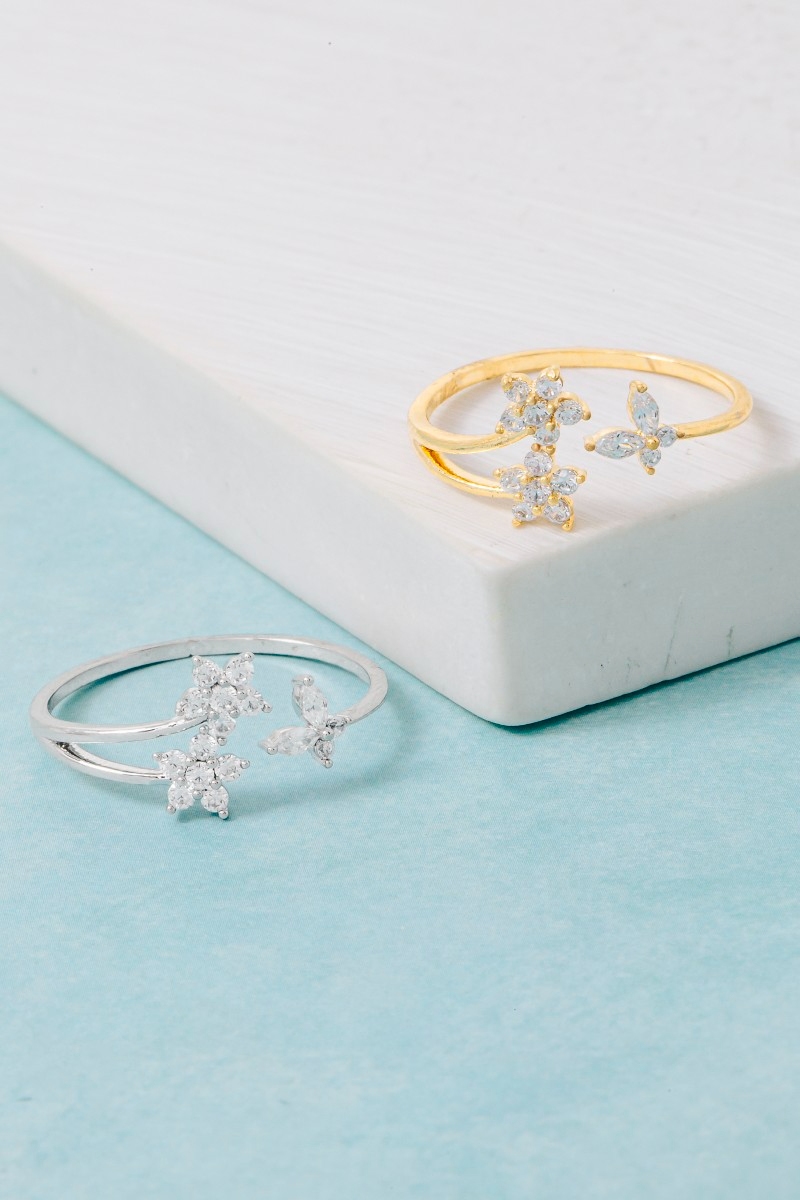 Double Cz Flower And Butterfly Open Band Ring