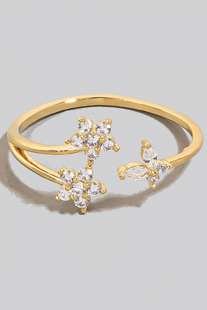 Double Cz Flower And Butterfly Open Band Ring