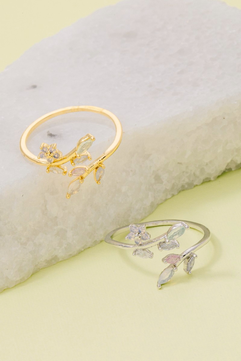 Layered Cz Leaf Branch Open Band Ring