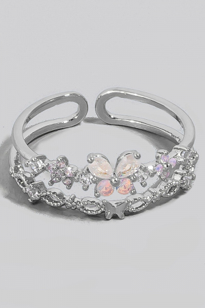 Cz Butterflies And Flowers Layered Open Band Ring