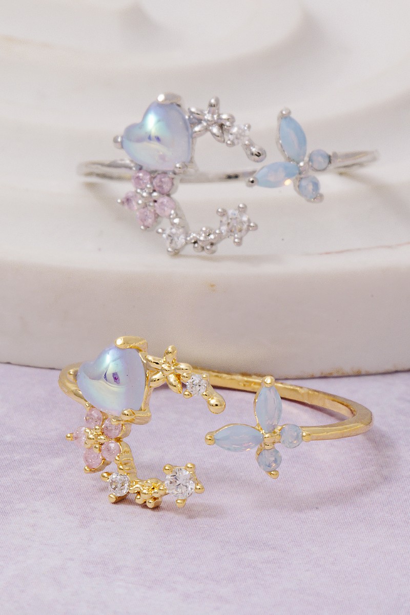 Cz Butterfly And Moon Open Band Ring