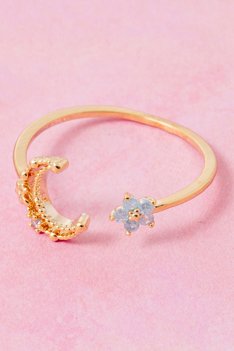 Gold Dipped Cz Moon And Star Open Band Ring