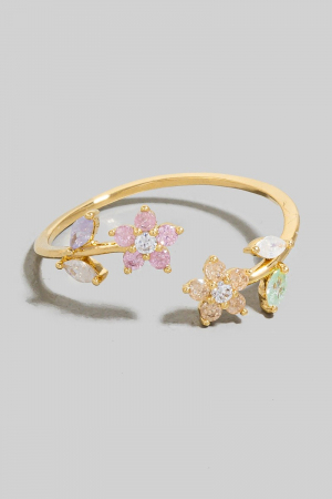Cz Flower And Leaves Dainty Band Ring