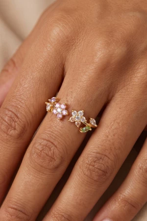 Multicolor Cz Double Floral Open Ring