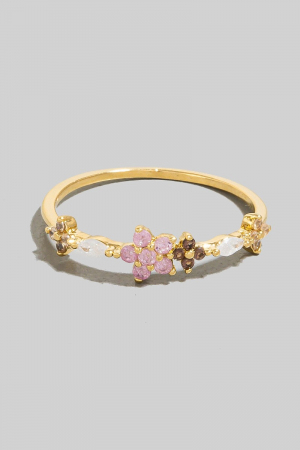 Cz Oval And Flowers Dainty Band Ring