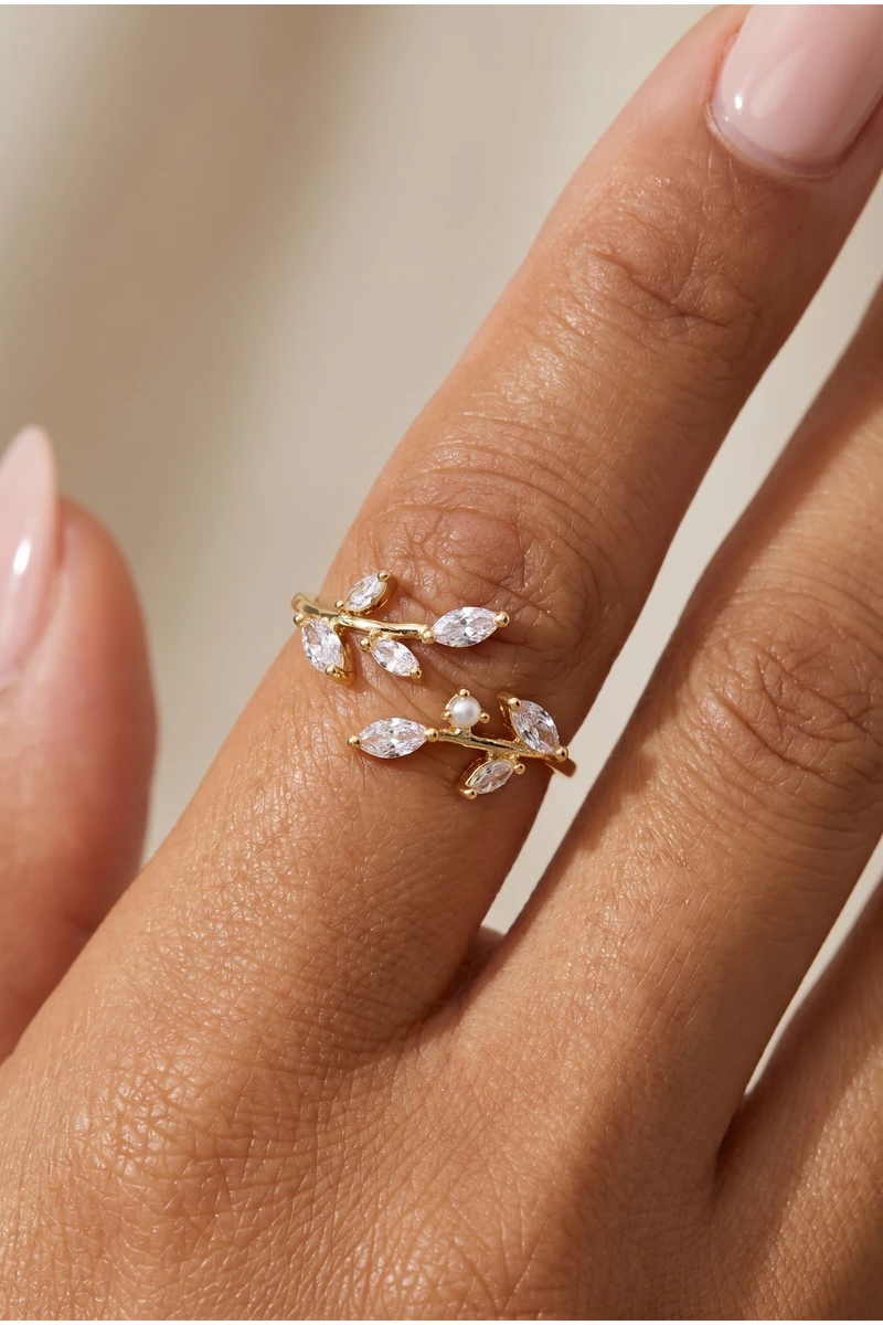 Gold Dipped Floral Spray Cz Open Ring