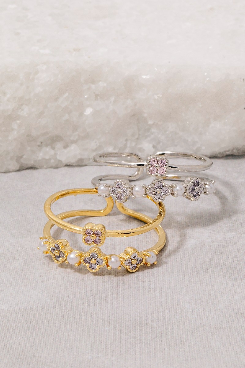 Pearl Cz Clovers Layered Open Band Ring