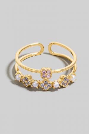 Pearl Cz Clovers Layered Open Band Ring