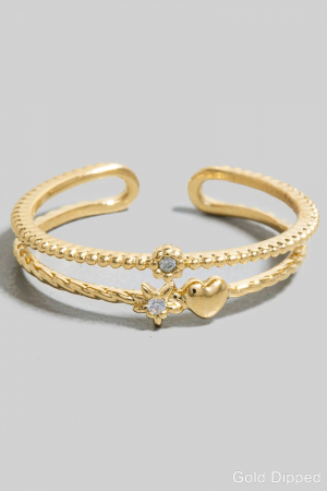 Gold Dipped Cz Heart And Star Layered Open Band Ring