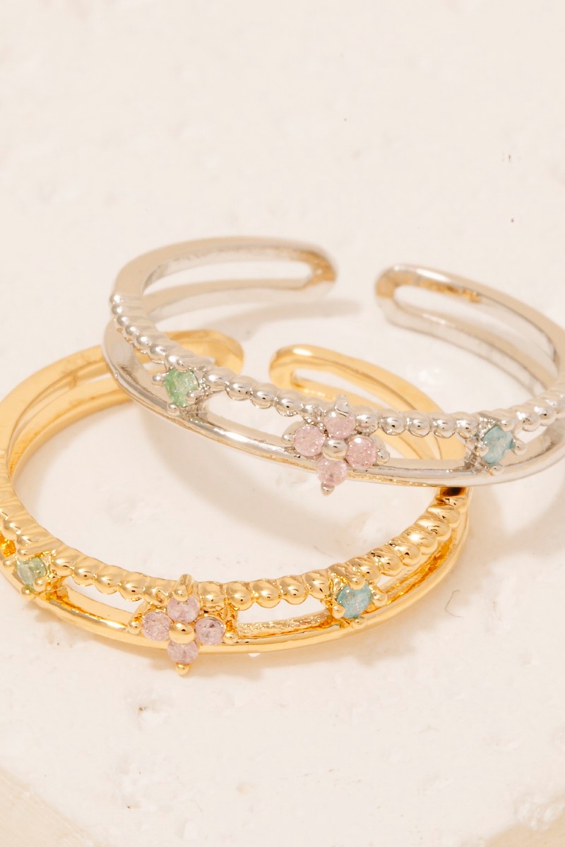 Gold Dipped Cz Flowers Layered Open Band Ring