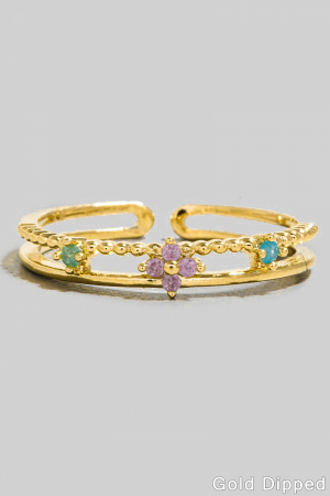 Gold Dipped Cz Flowers Layered Open Band Ring