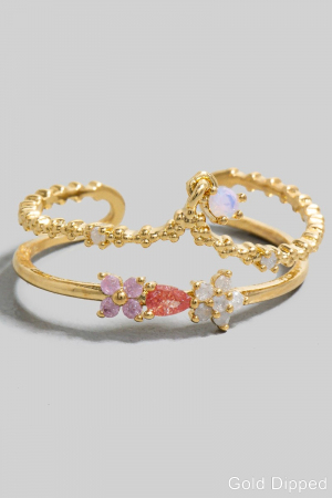 Gold Dipped Cz Flowers Crown Layered Open Band Ring
