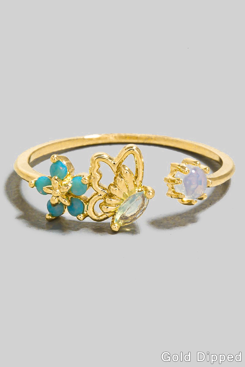 Gold Dipped Cz Butterfly And Flower Open Band Ring