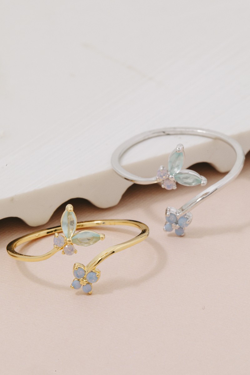 Gold Dipped Cz Butterfly And Flower Band Open Ring
