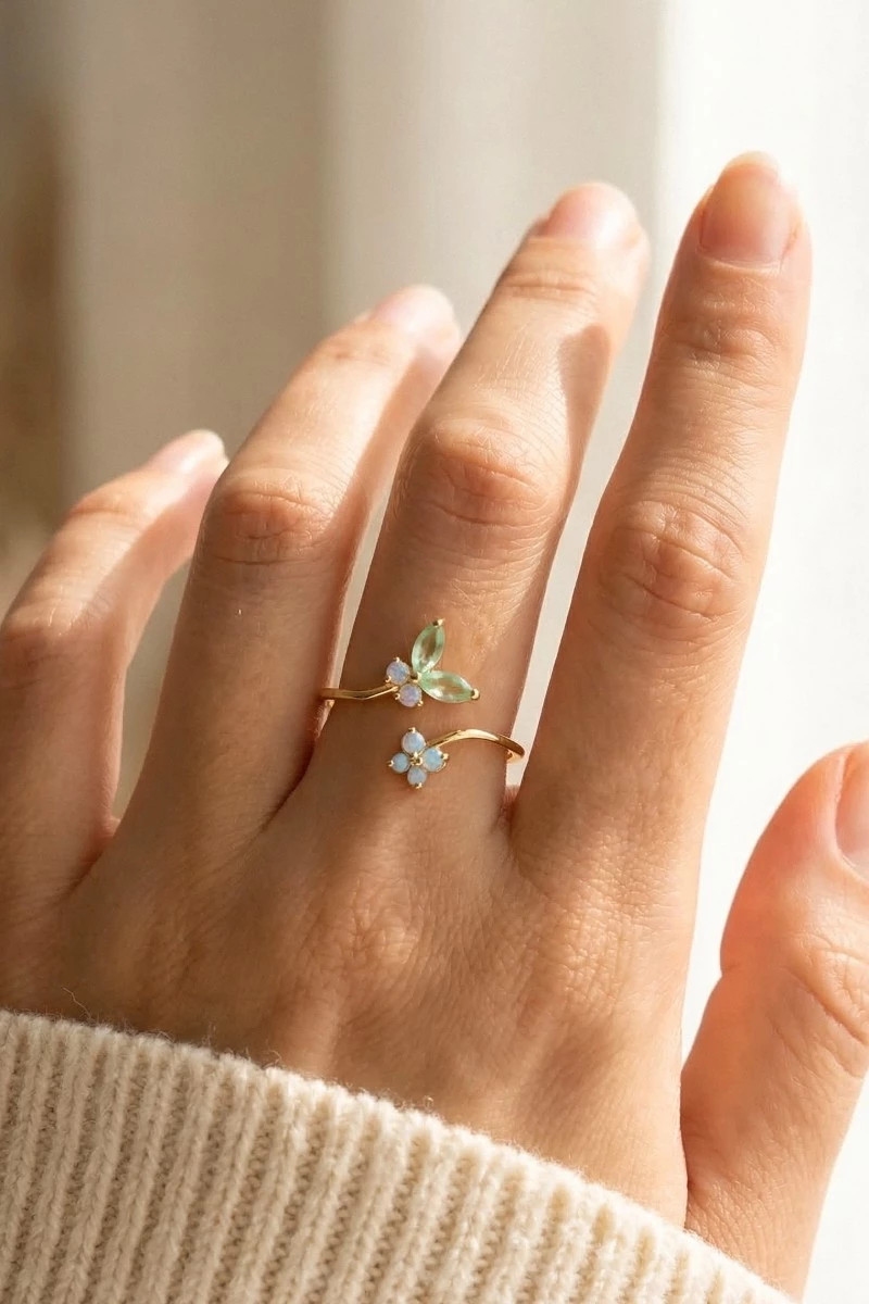 Gold Dipped Cz Butterfly And Flower Band Open Ring