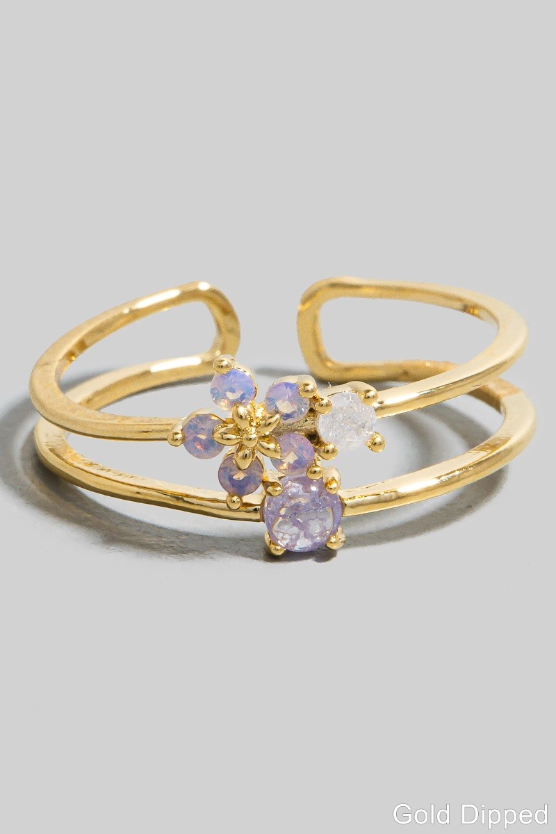 Gold Dipped Cz Flowers Layered Open Band Ring