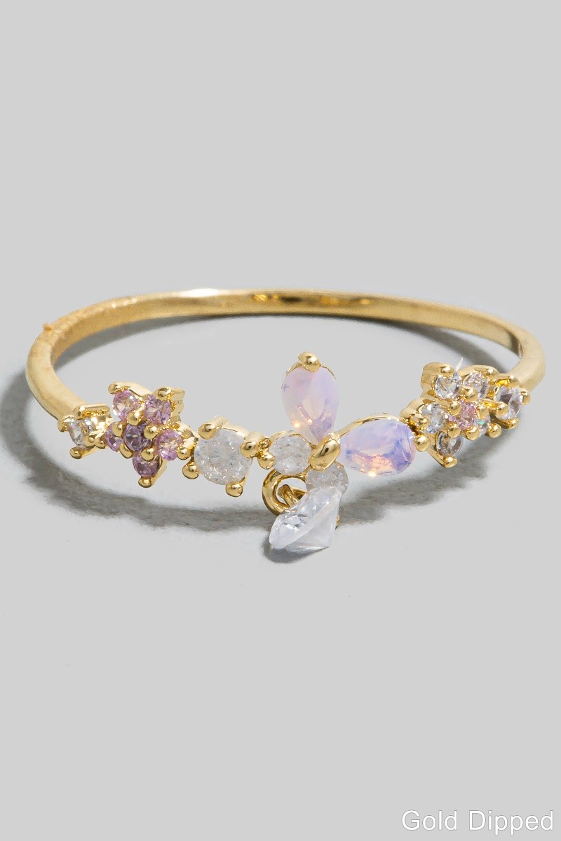 Gold Dipped Cz Flowers And Butterfly Open Band Ring