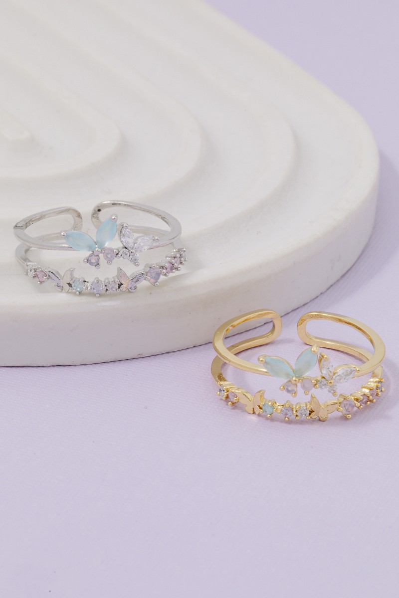 Gold Dipped Cz Butterflies Layered Open Band Ring