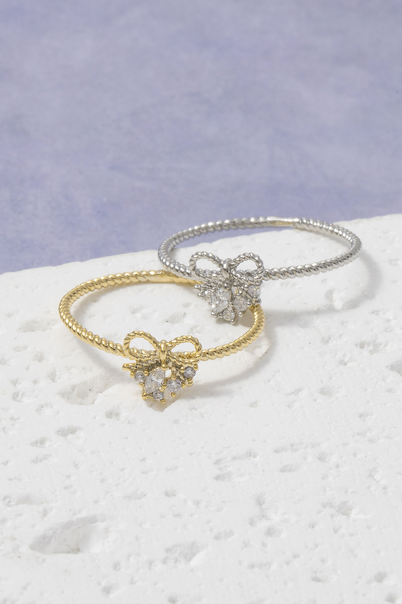 Gold Dipped Bow Cz Cluster Rope Band Ring