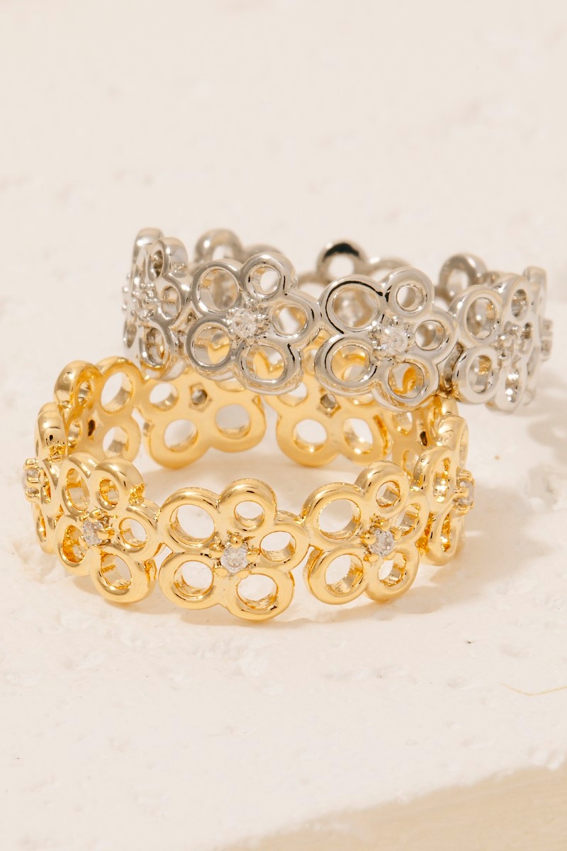 Gold Dipped Cz Studded Flower Chain Band Ring