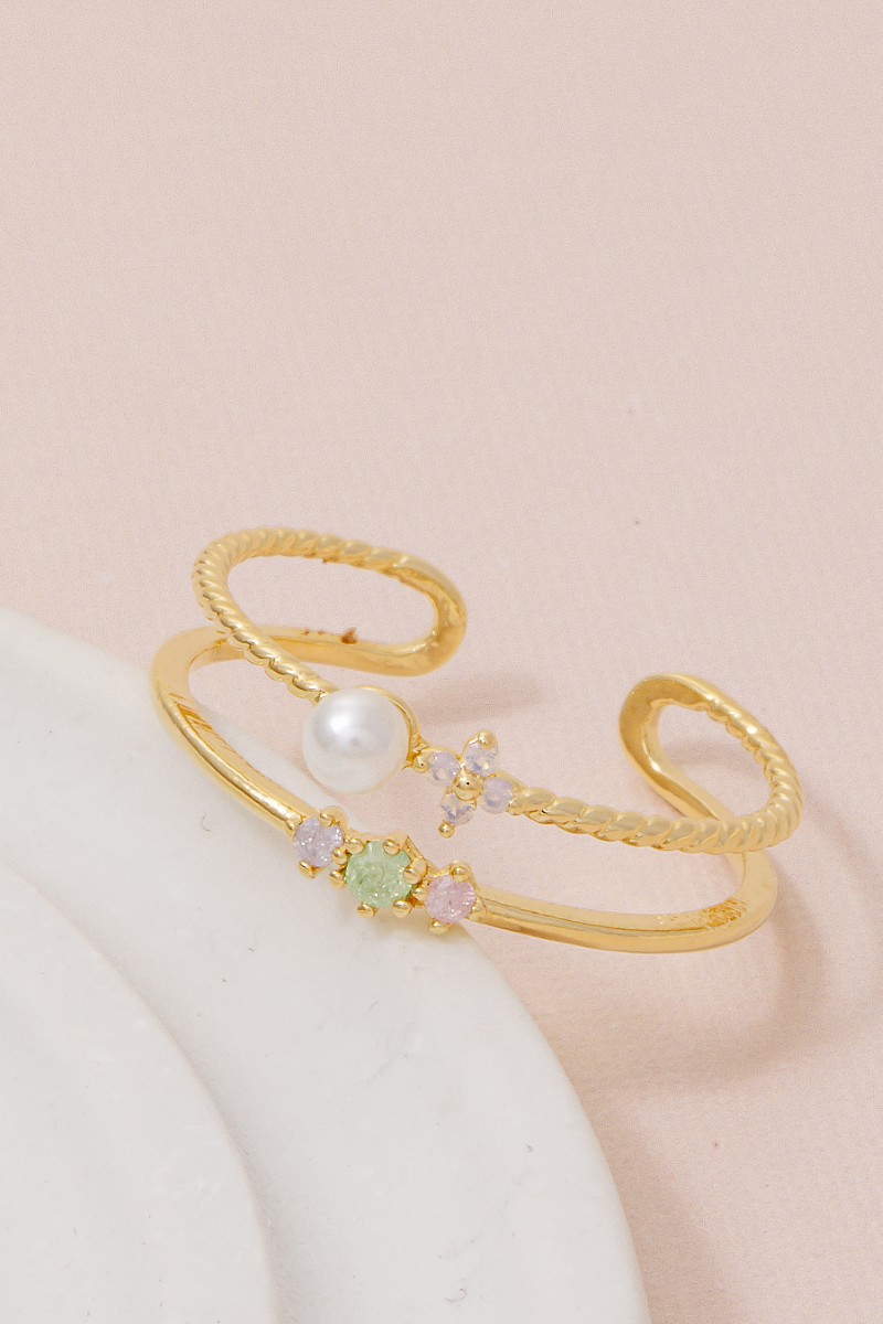 Gold Dipped Double Row Pearl Flower Ring