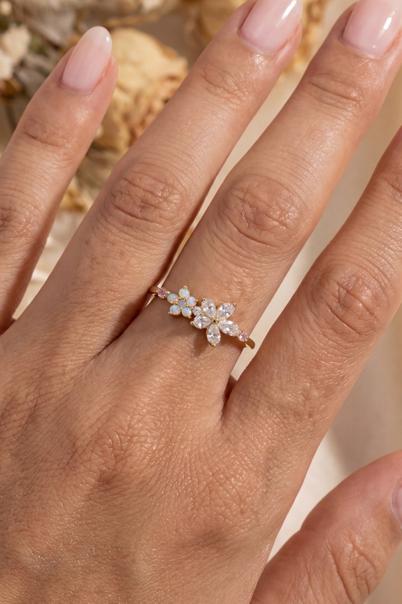 Gold Dipped Cz Flower Ring
