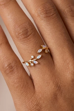 Gold Dipped Cz Leaf Branch Ring