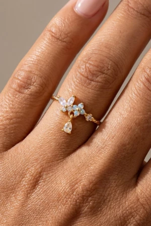 Gold Dipped Twisted Cz Butterfly Flower Ring