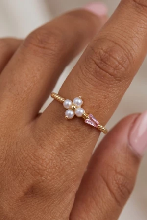 Gold Dipped Pearl Flower Cz Ring