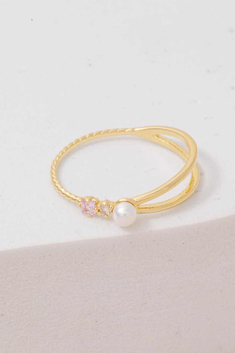 Gold Dipped Pearl Cz Ornate Ring
