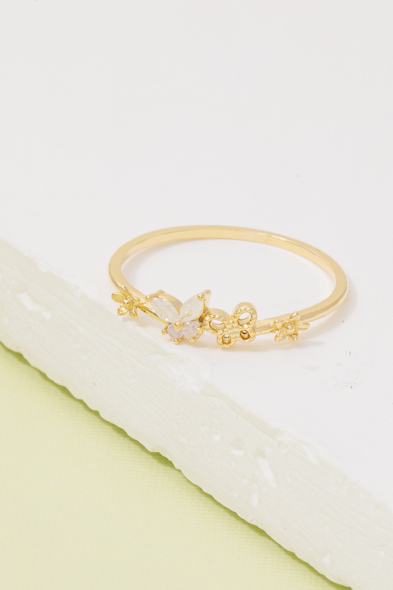 Gold Dipped Cz Butterfly Flower Ring