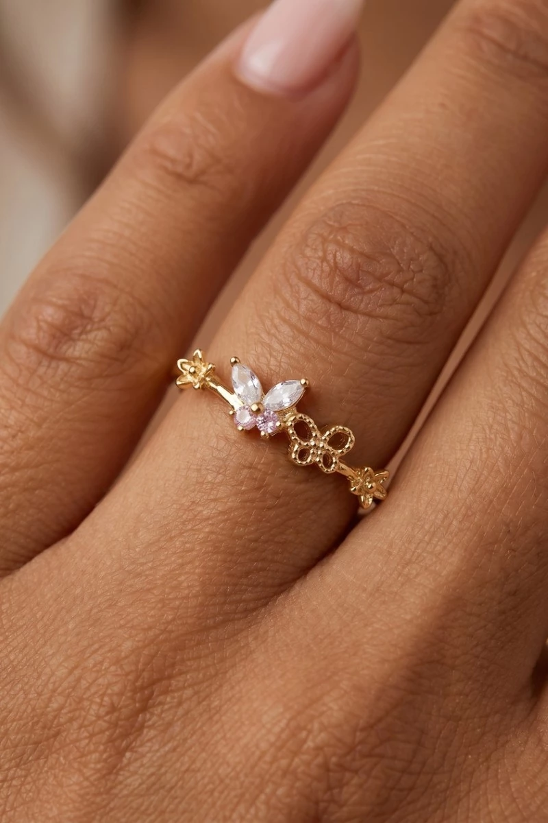 Gold Dipped Cz Butterfly Flower Ring
