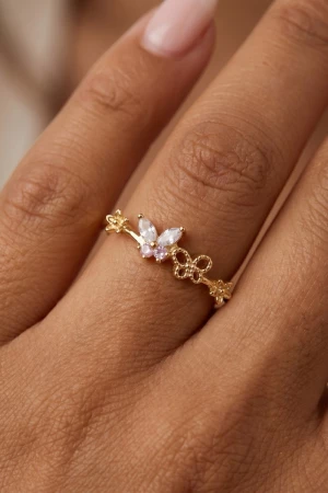 Gold Dipped Cz Butterfly Flower Ring