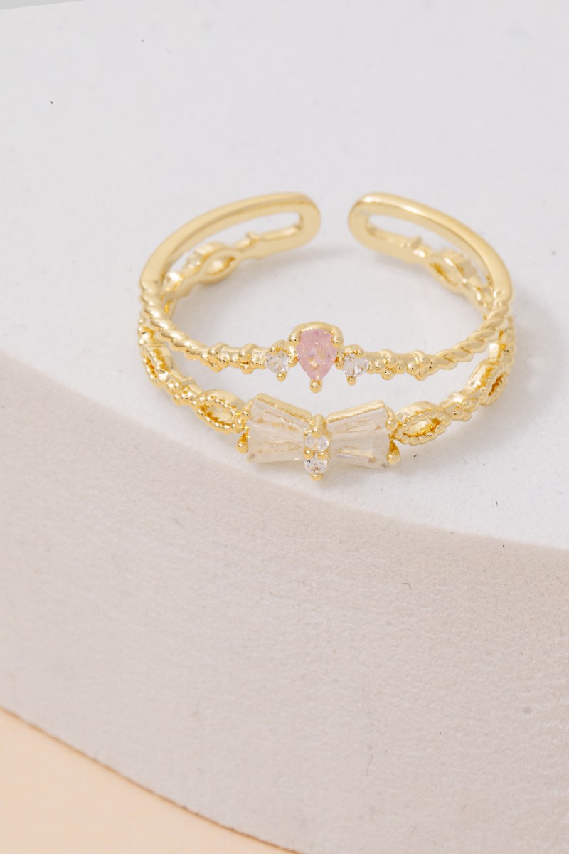 Gold Dipped Double Row Cz Ribbon Bow Ring