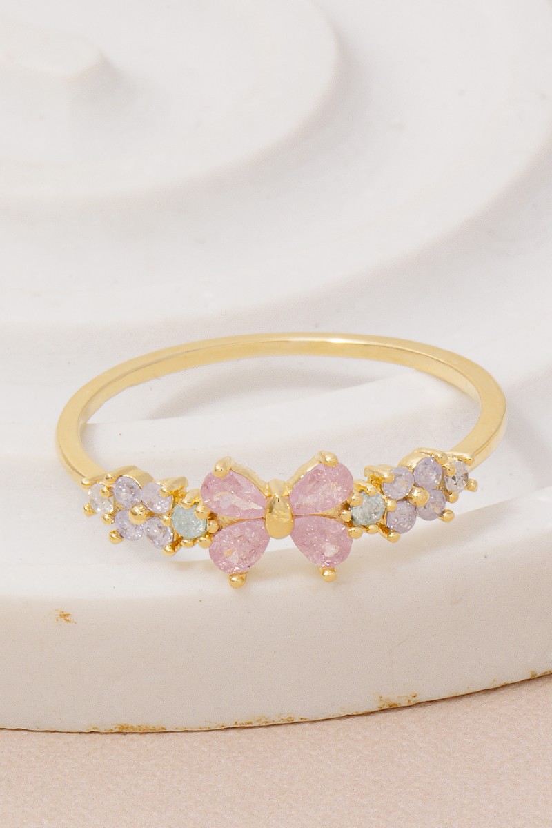 Gold Dipped Cz Flower Bow Ribbon Ring