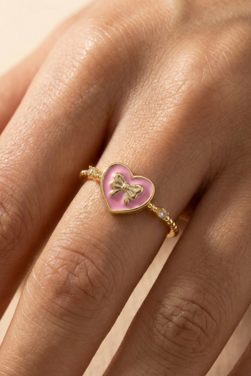 Gold Dipped Enamel Ribbon Bow Heart Ring