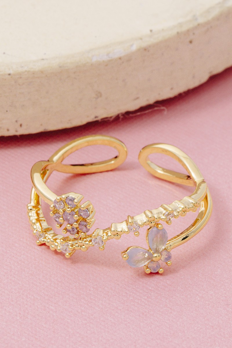 Gold Dipped Cz Butterfly And Flower Ring
