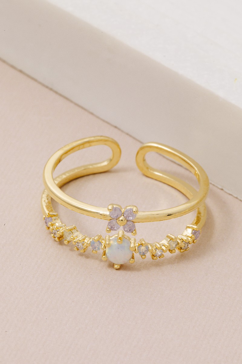 Two Row Gold Dipped Cz Flower Ring