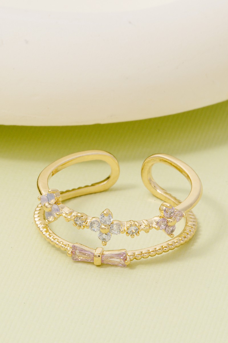 Double Row Gold Dipped Floral Ribbon Bow Ring