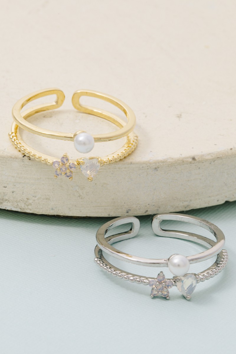 Gold Dipped Two Row Cz Flower Heart Pearl Ring